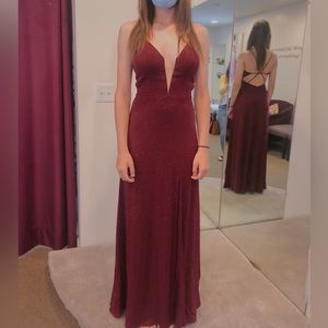 Madison James Burgundy sparkly prom dress